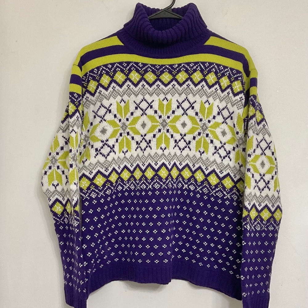 VTG Gantos Women's Turtleneck Sweater Purple Lime Green White Metallic Silver M